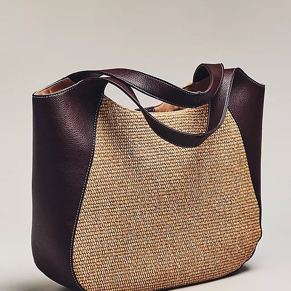 NWOT new Anthropologie Sonia raffia slouchy tote bag brown tan faux Leather - Picture 9 of 13